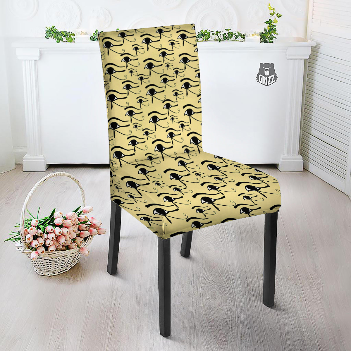 Beige Eye of Horus Print Pattern Dining Chair Slipcover-grizzshop