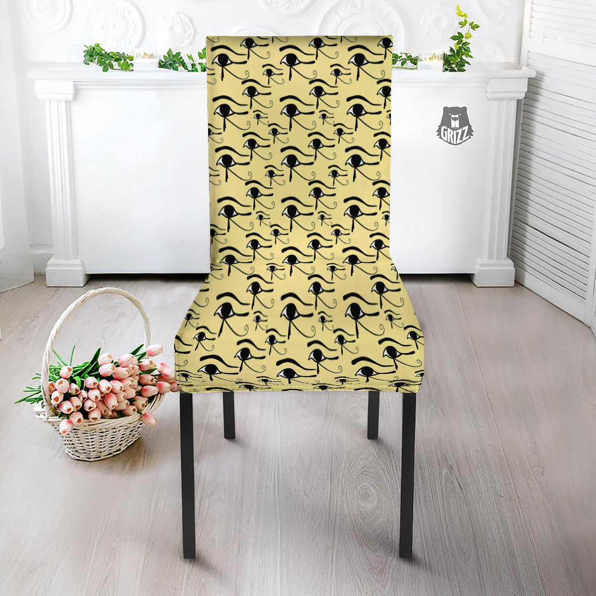 Beige Eye of Horus Print Pattern Dining Chair Slipcover-grizzshop
