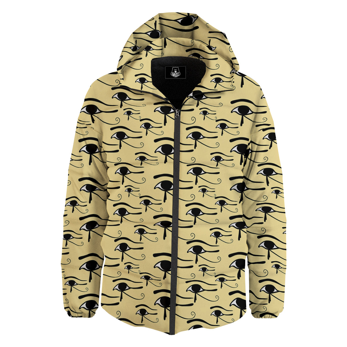 Beige Eye of Horus Print Pattern Down Jacket-grizzshop
