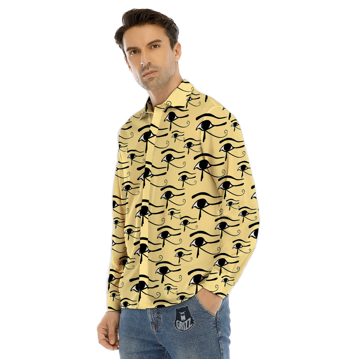 Beige Eye of Horus Print Pattern Men's Dress Shirts-grizzshop