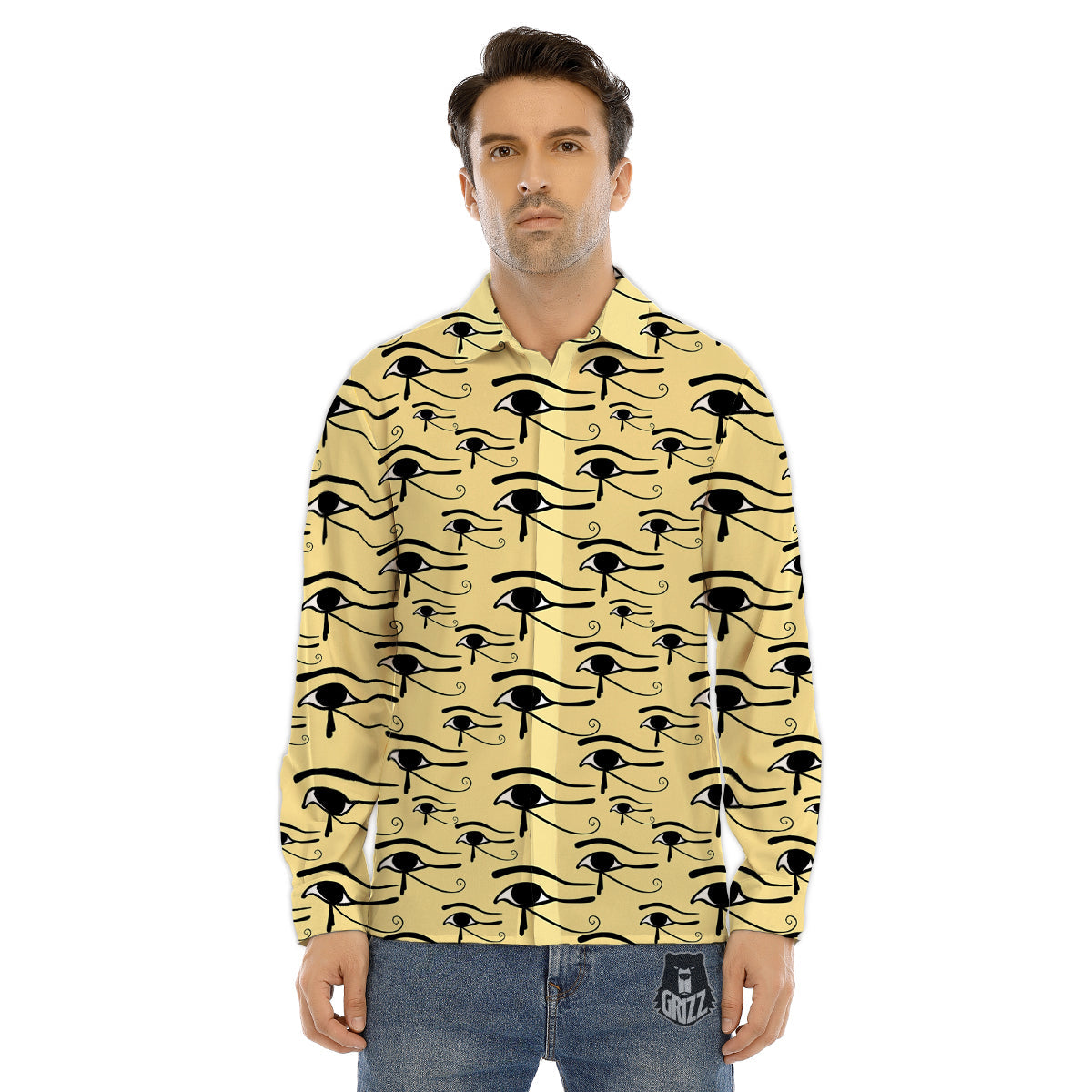 Beige Eye of Horus Print Pattern Men's Dress Shirts-grizzshop