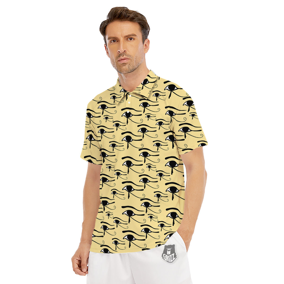 Beige Eye of Horus Print Pattern Men's Golf Shirts-grizzshop