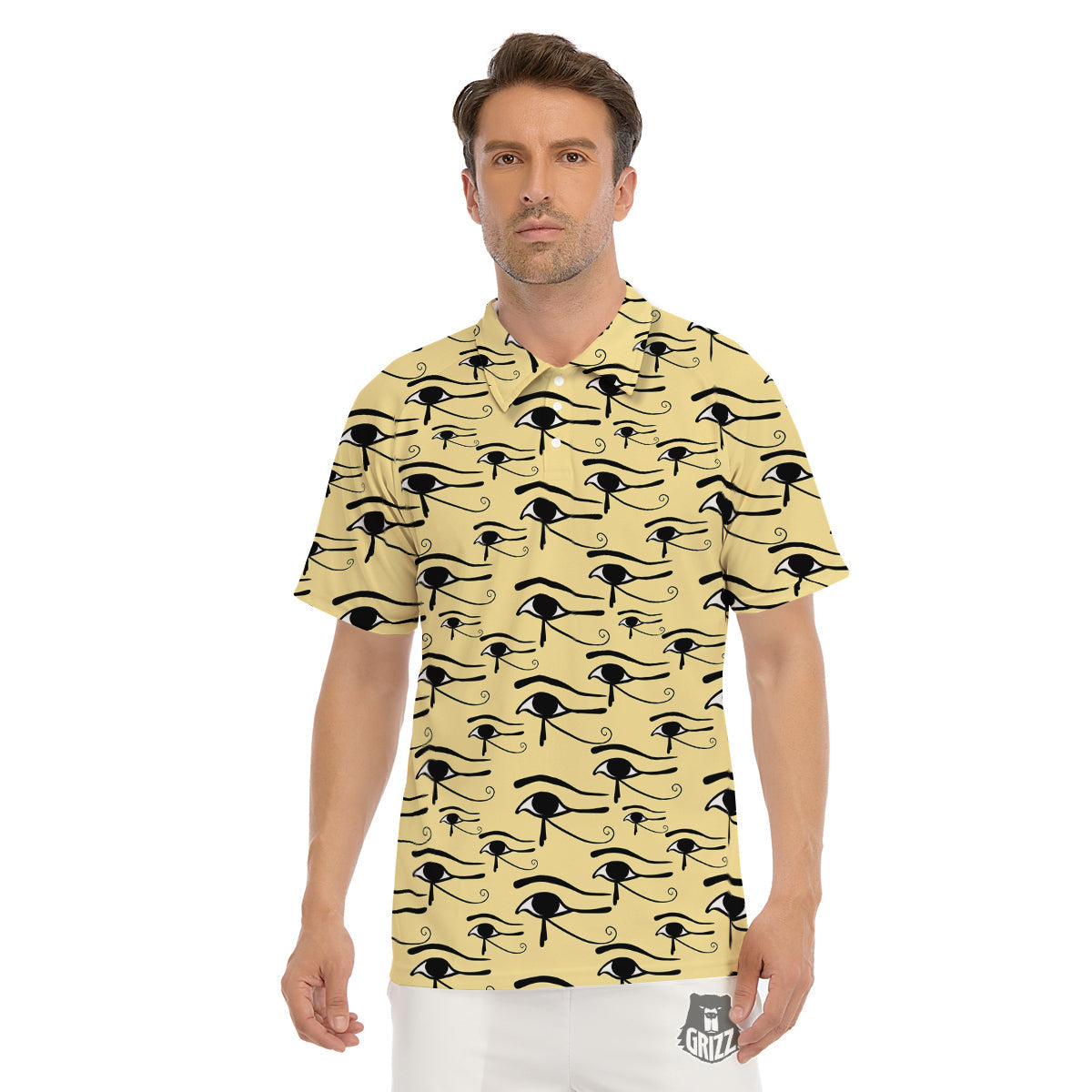 Beige Eye of Horus Print Pattern Men's Golf Shirts-grizzshop