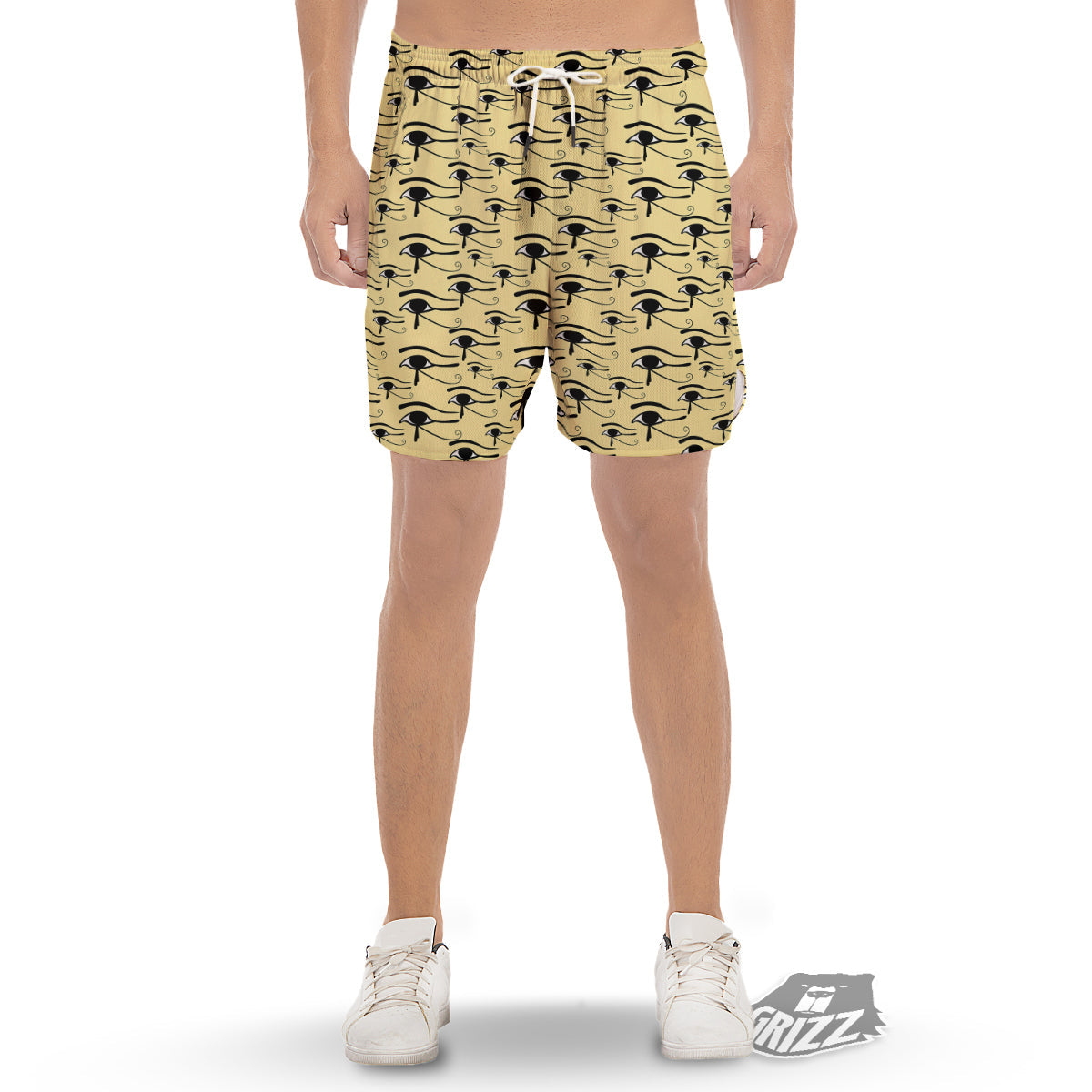 Beige Eye of Horus Print Pattern Men's Gym Shorts-grizzshop