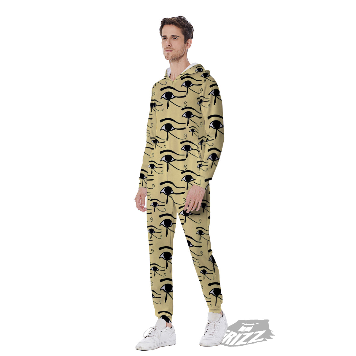 Beige Eye of Horus Print Pattern Men's Jumpsuit-grizzshop