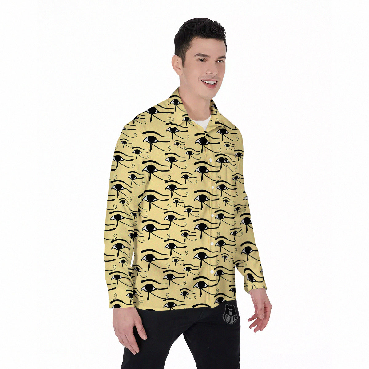 Beige Eye of Horus Print Pattern Men's Long Sleeve Shirts-grizzshop