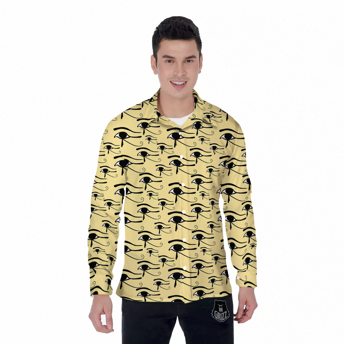 Beige Eye of Horus Print Pattern Men's Long Sleeve Shirts-grizzshop