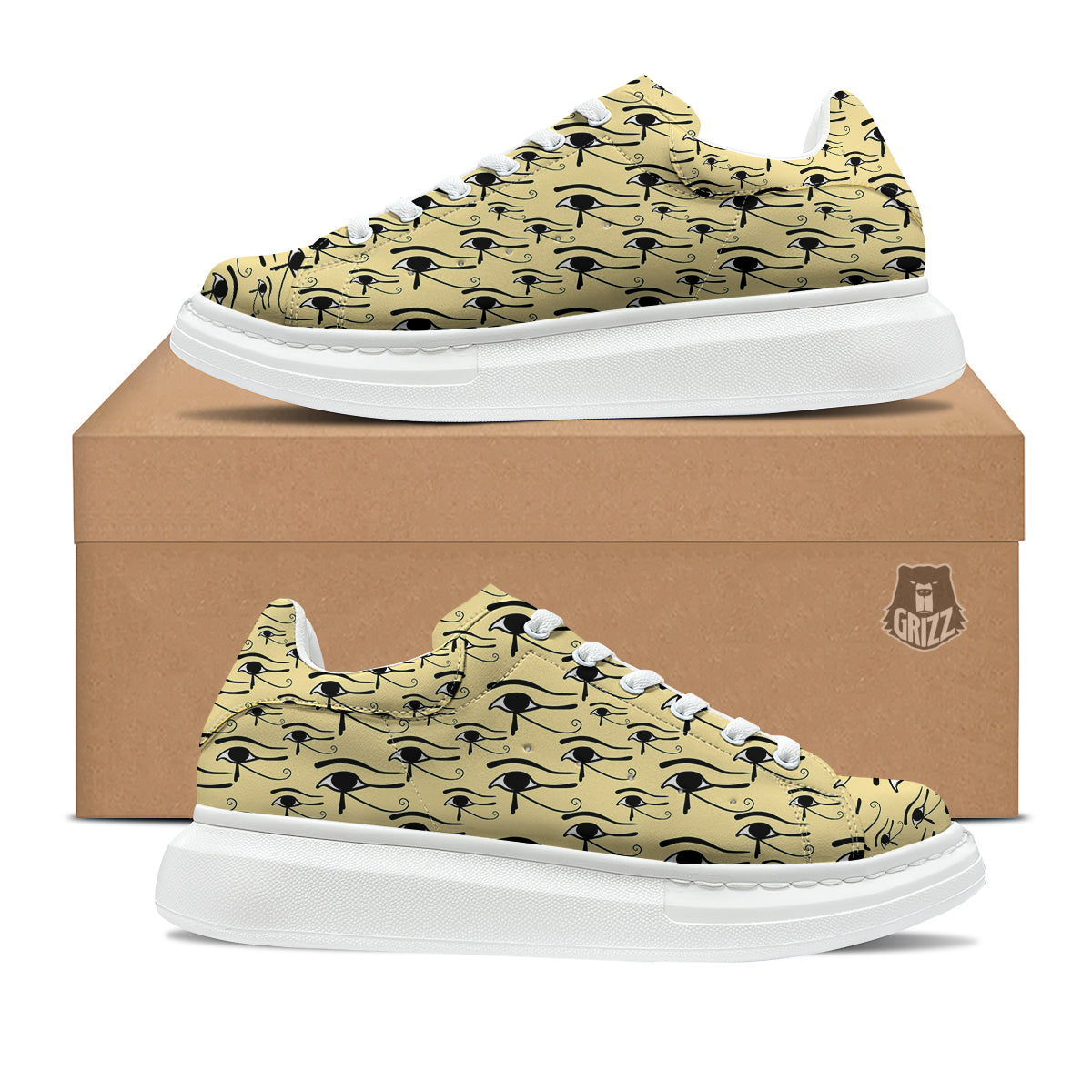 Beige Eye of Horus Print Pattern Platform Shoes-grizzshop