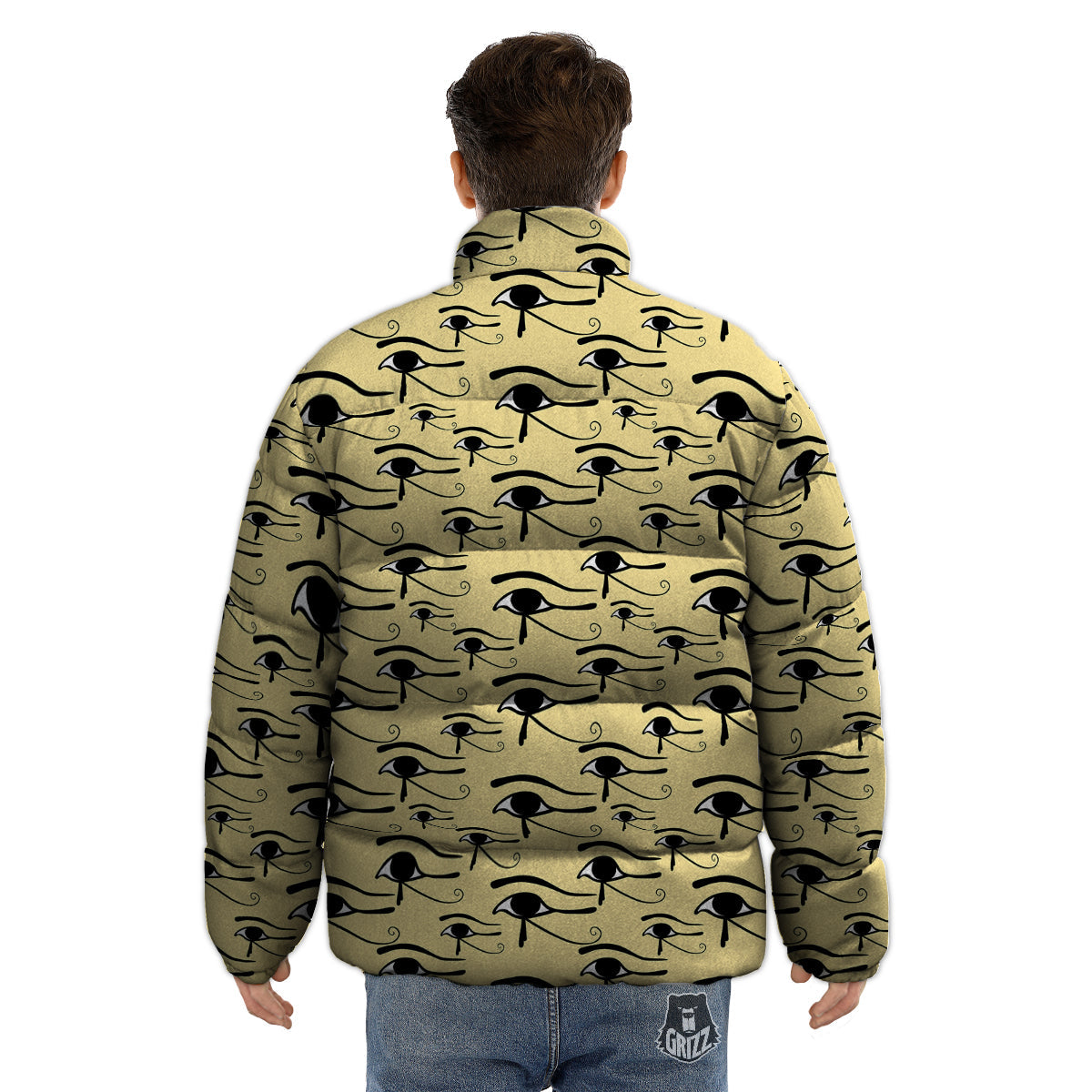Beige Eye of Horus Print Pattern Puffer Jacket-grizzshop