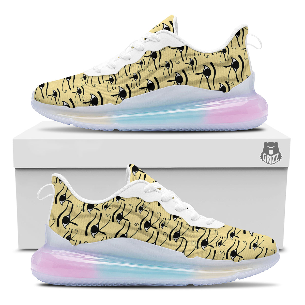 Beige Eye of Horus Print Pattern Running Sneakers-grizzshop