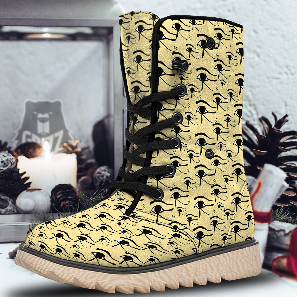 Beige Eye of Horus Print Pattern Snow Boots-grizzshop