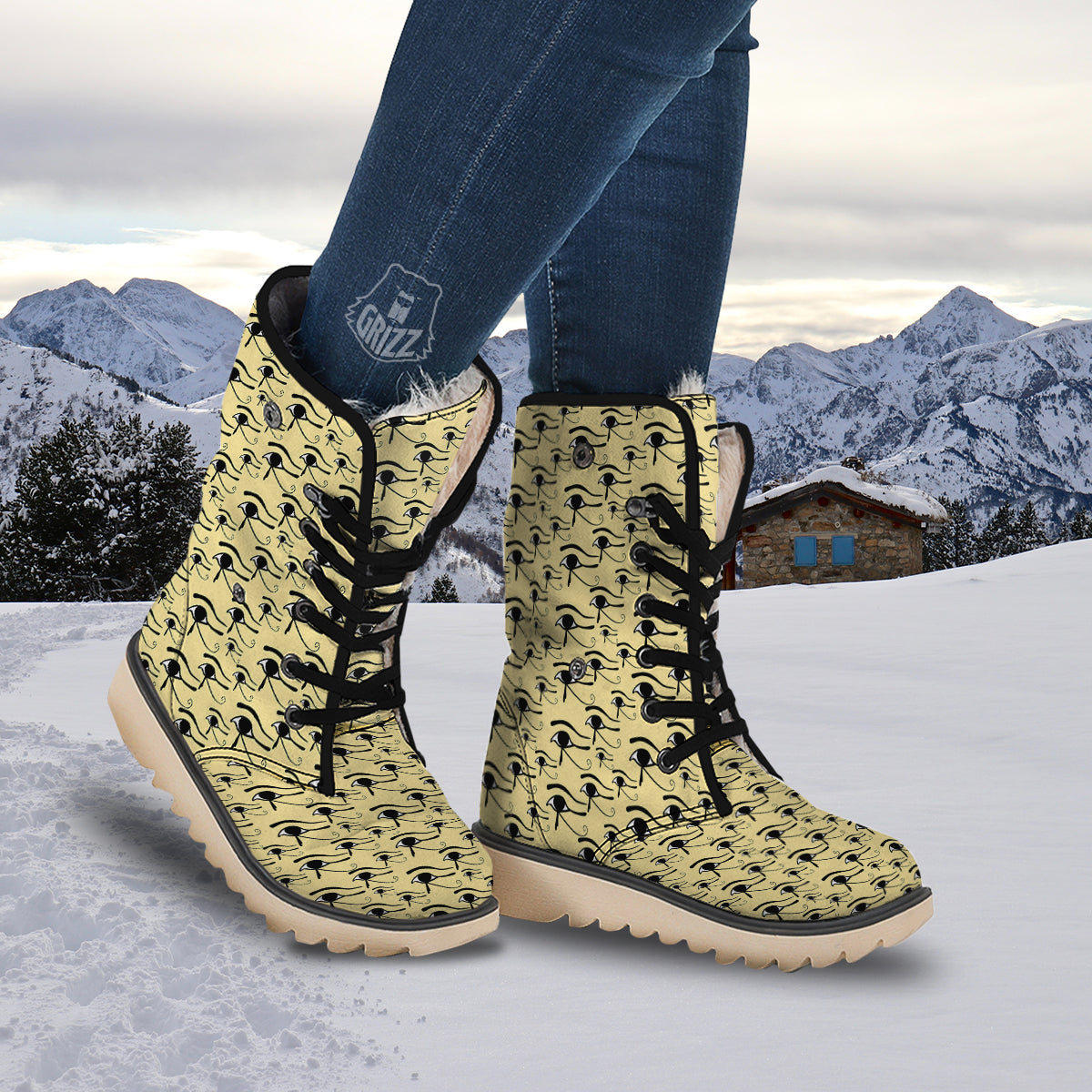 Beige Eye of Horus Print Pattern Snow Boots-grizzshop