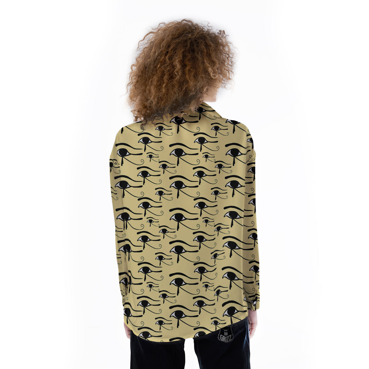 Beige Eye of Horus Print Pattern Women's Long Sleeve Shirts-grizzshop