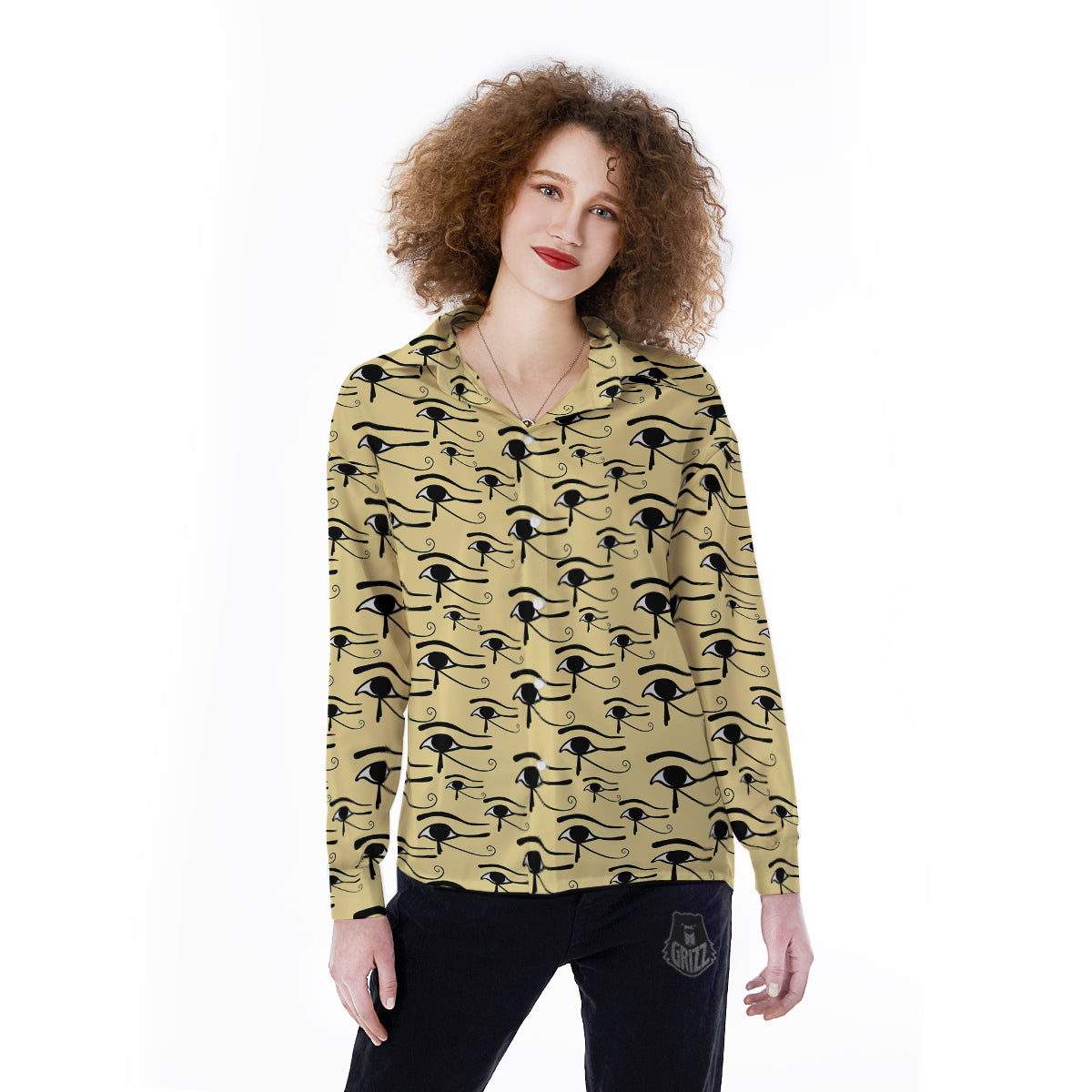 Beige Eye of Horus Print Pattern Women's Long Sleeve Shirts-grizzshop