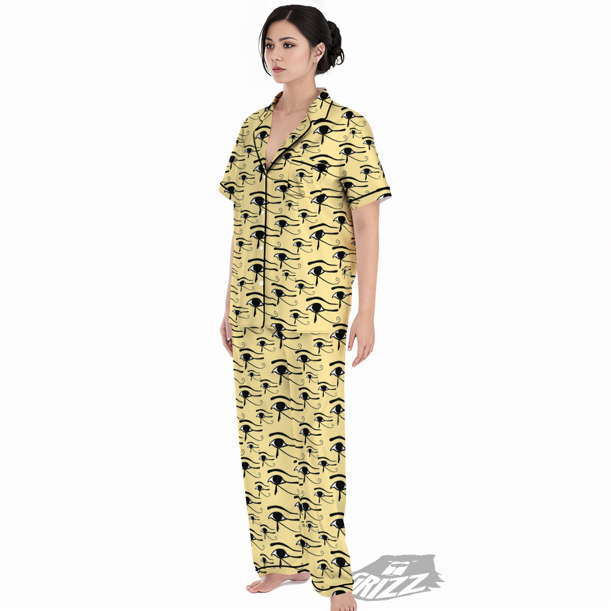 Beige Eye of Horus Print Pattern Women's Pajamas Set-grizzshop
