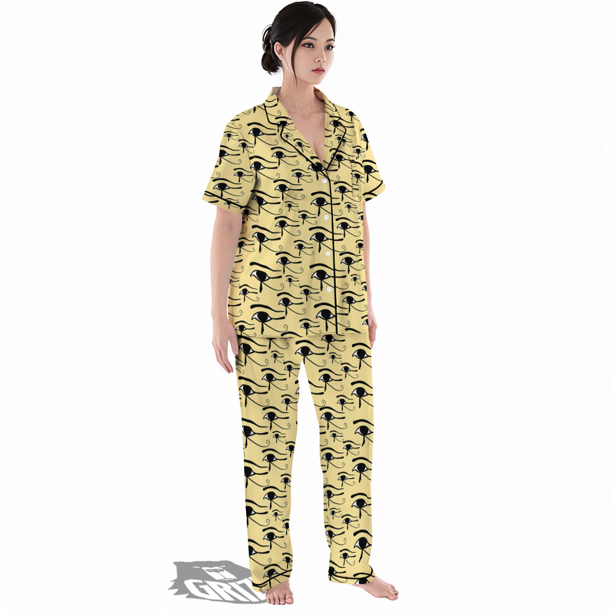 Beige Eye of Horus Print Pattern Women's Pajamas Set-grizzshop