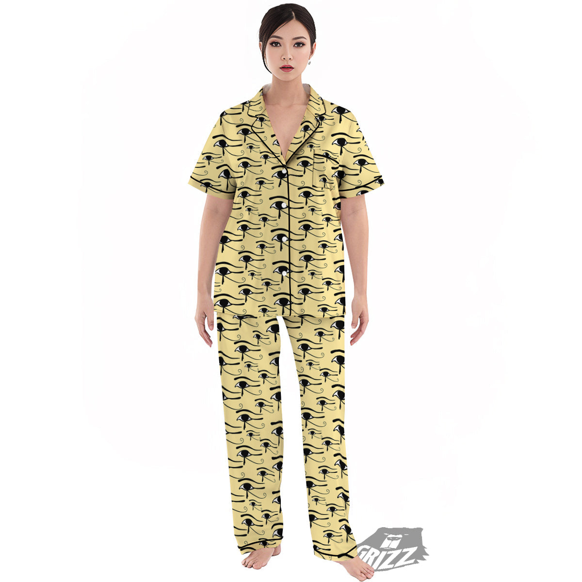 Beige Eye of Horus Print Pattern Women's Pajamas Set-grizzshop