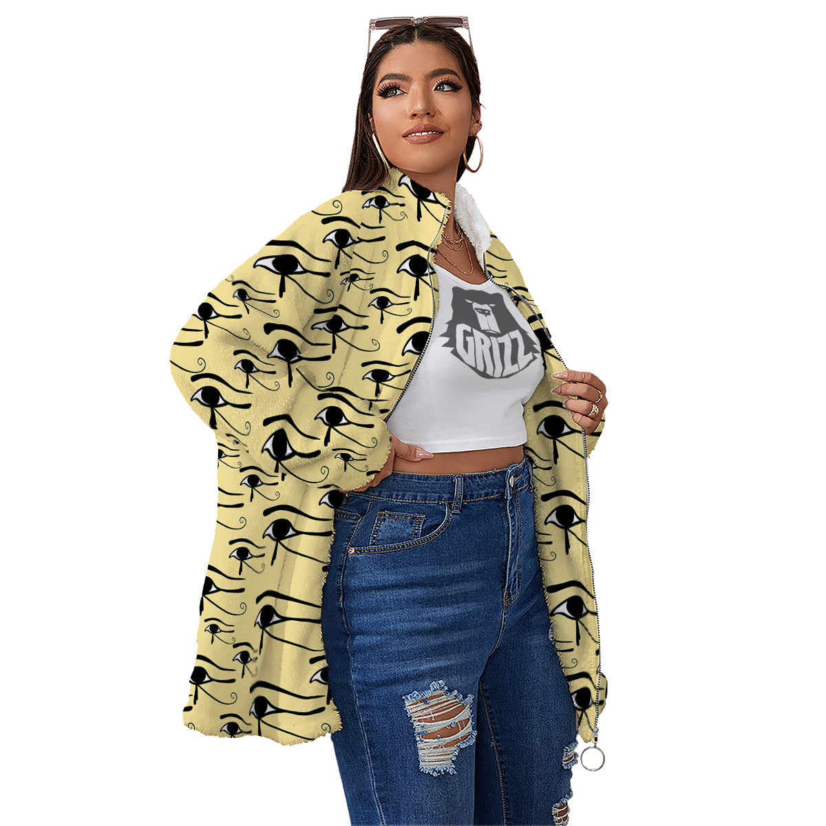Beige Eye of Horus Print Pattern Women's Sherpa Jacket-grizzshop