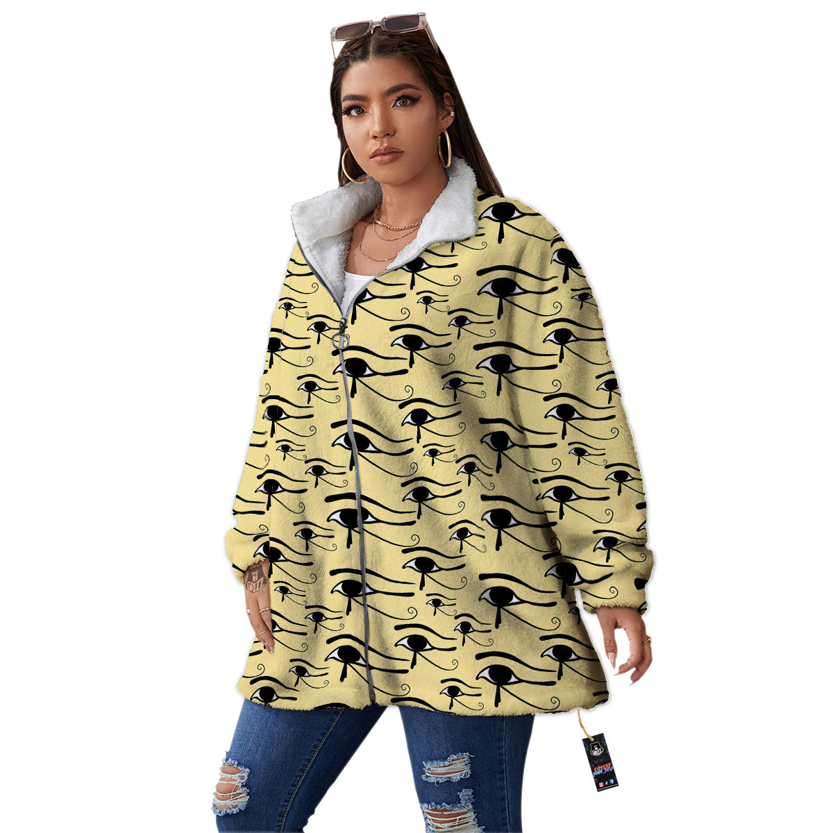 Beige Eye of Horus Print Pattern Women's Sherpa Jacket-grizzshop