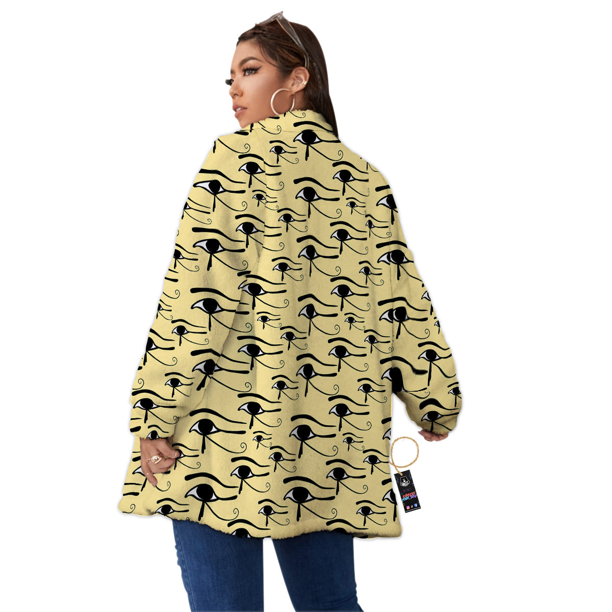 Beige Eye of Horus Print Pattern Women's Sherpa Jacket-grizzshop