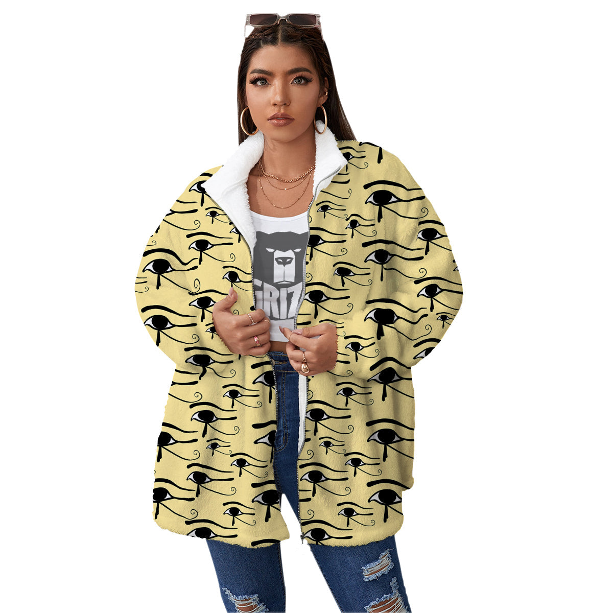 Beige Eye of Horus Print Pattern Women's Sherpa Jacket-grizzshop