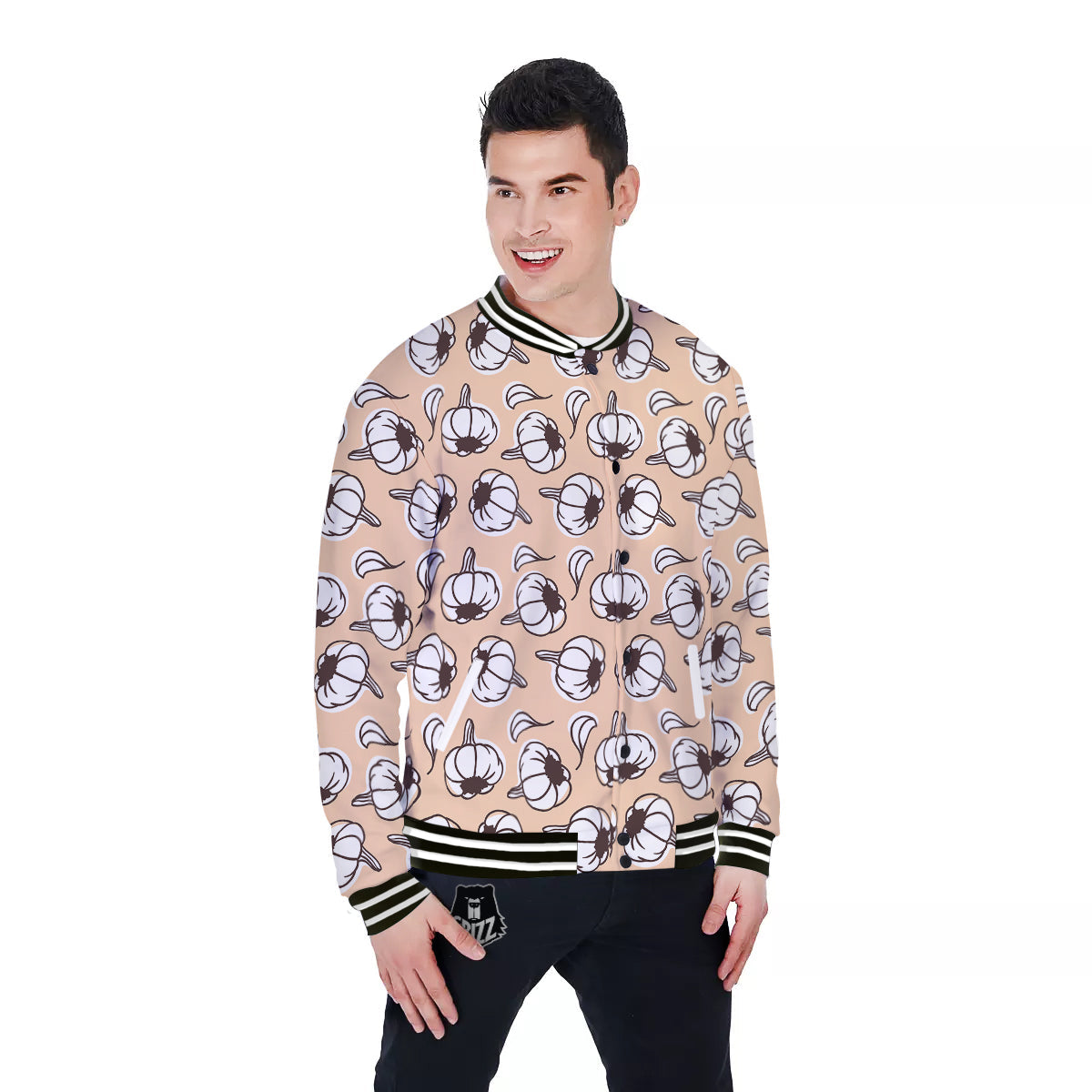 Beige Garlic Print Pattern Baseball Jacket-grizzshop