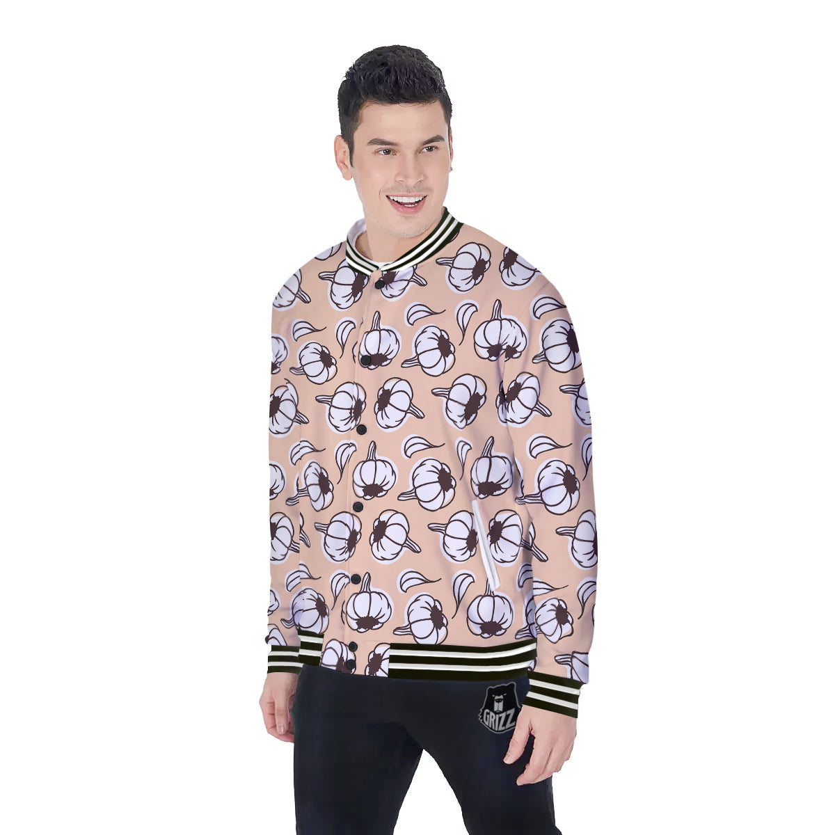 Beige Garlic Print Pattern Baseball Jacket-grizzshop