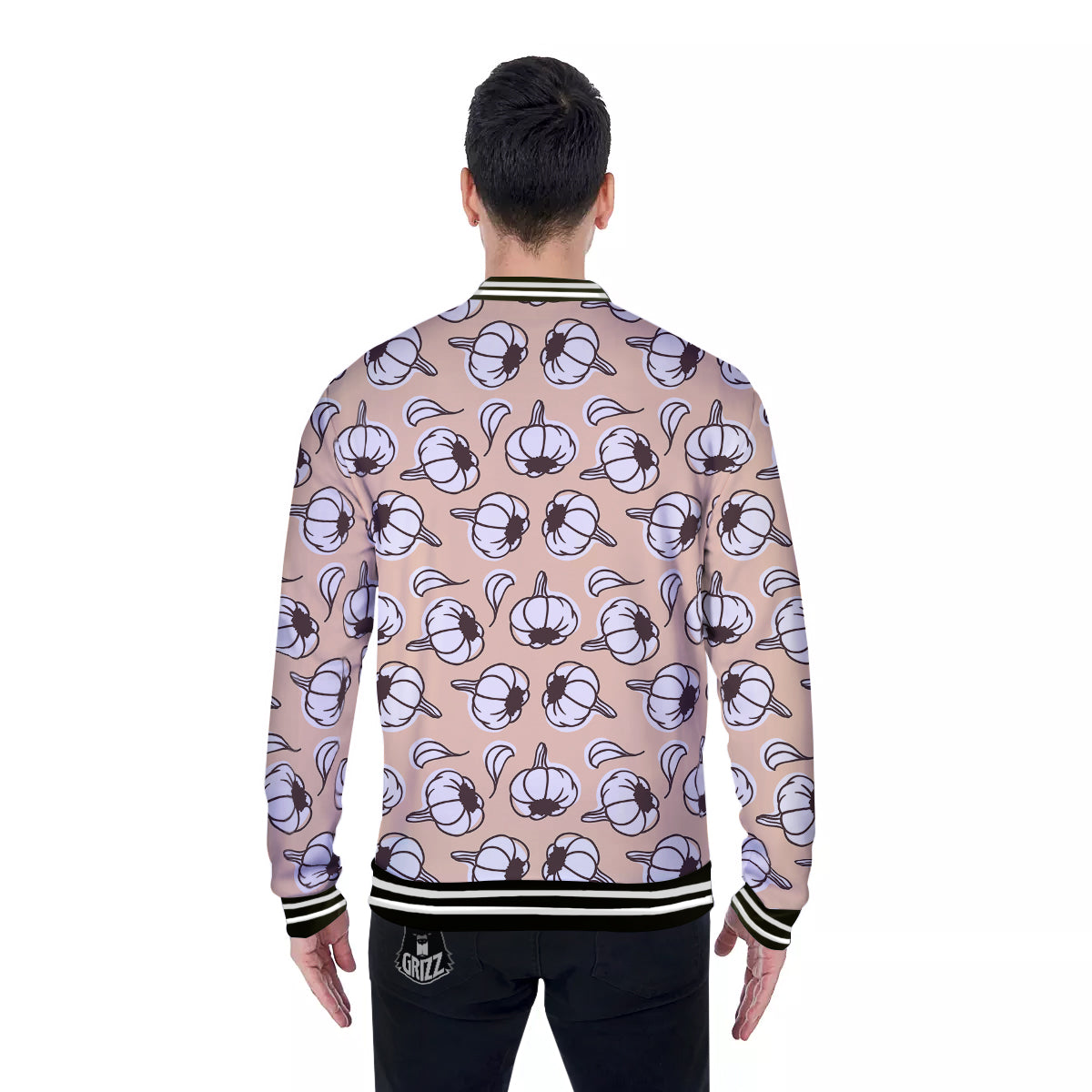 Beige Garlic Print Pattern Baseball Jacket-grizzshop