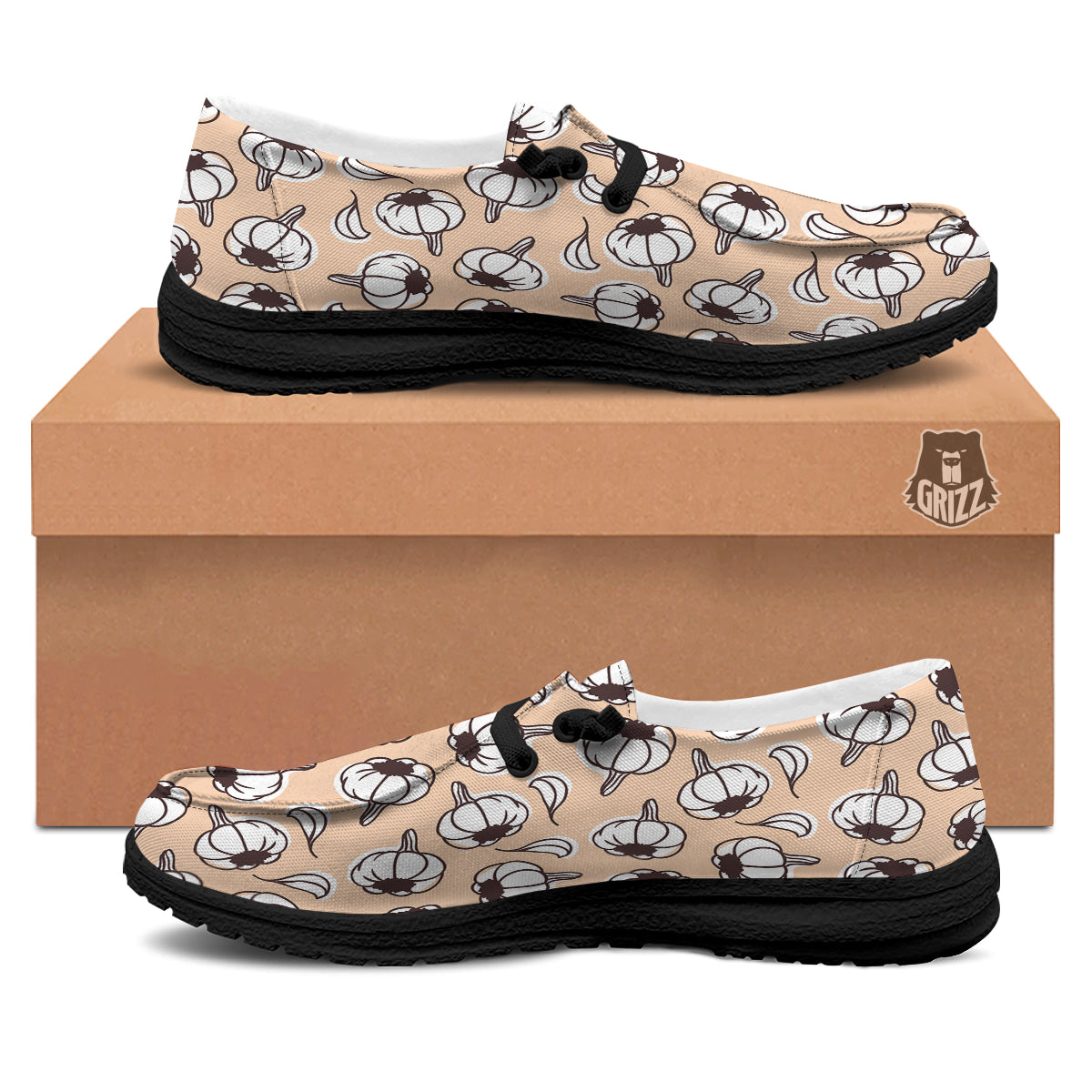 Beige Garlic Print Pattern Black Loafers-grizzshop