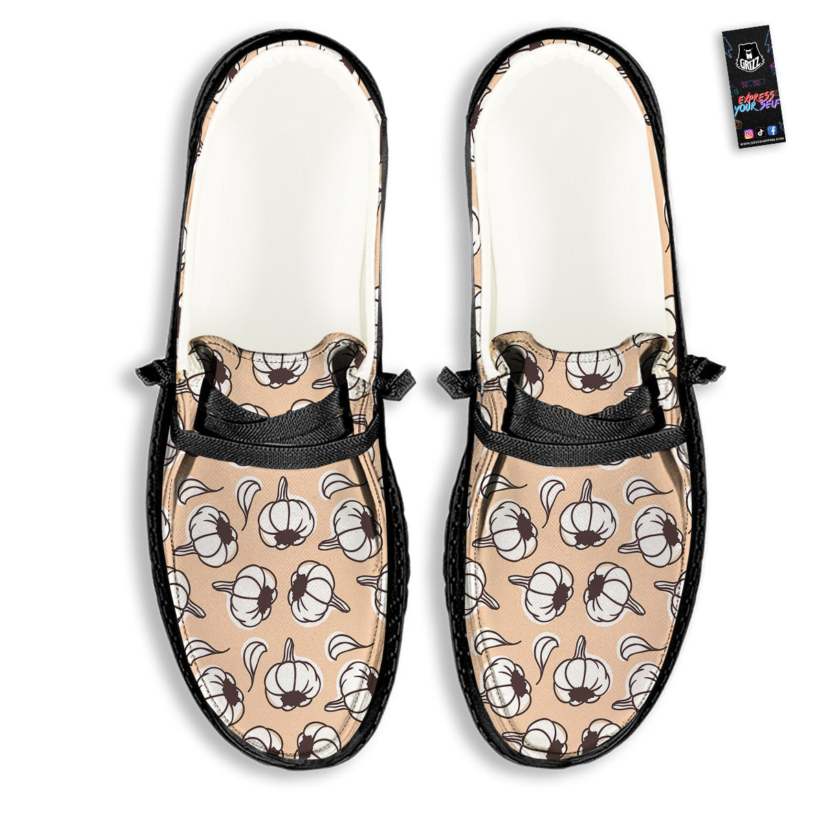 Beige Garlic Print Pattern Black Loafers-grizzshop