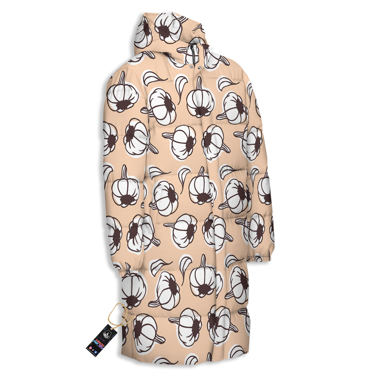 Beige Garlic Print Pattern Long Down Jacket-grizzshop