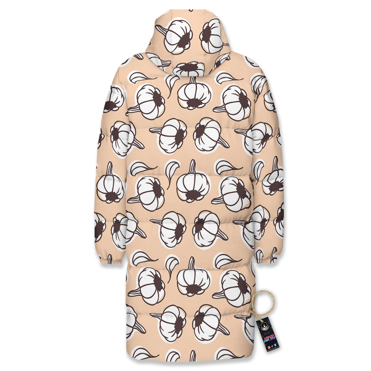 Beige Garlic Print Pattern Long Down Jacket-grizzshop