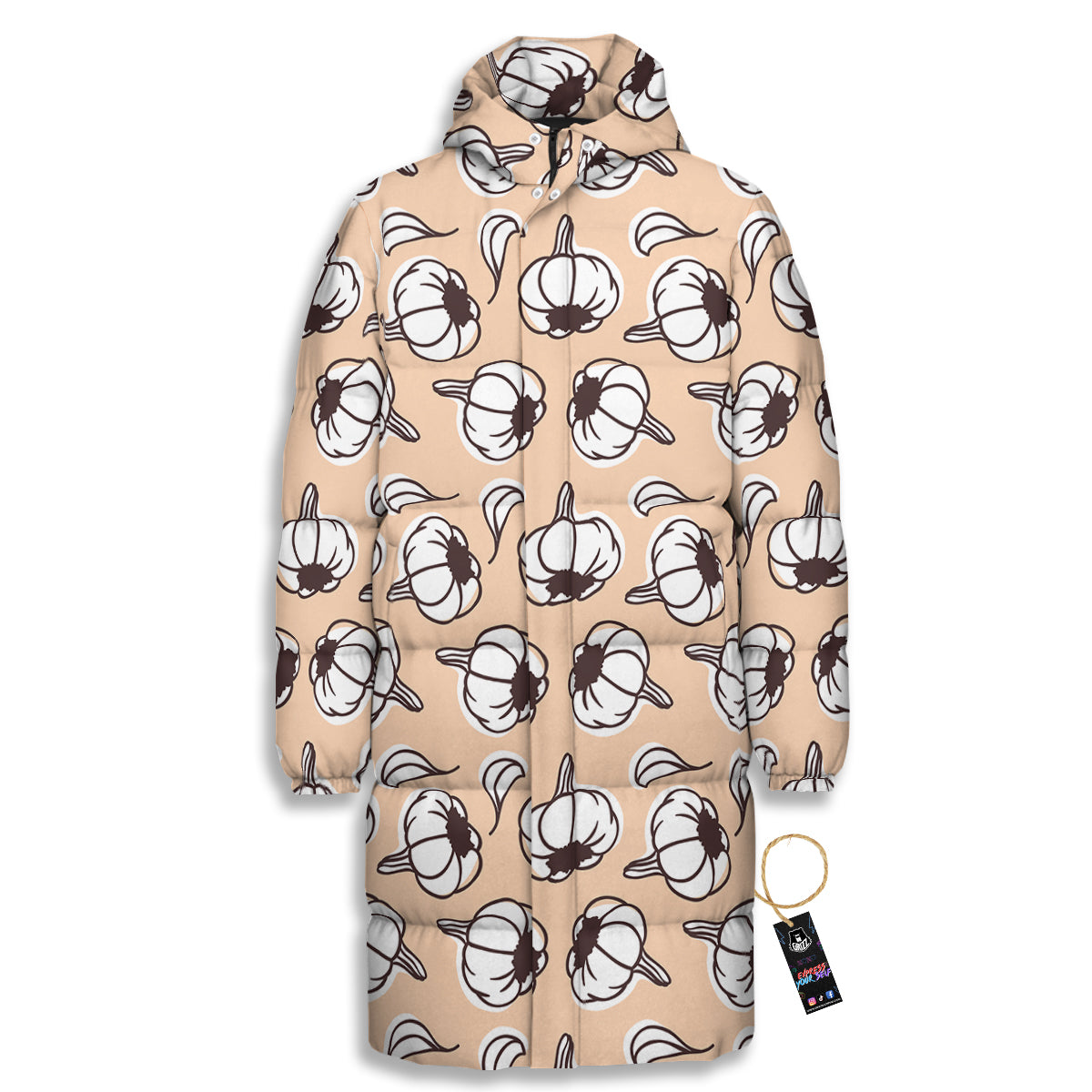 Beige Garlic Print Pattern Long Down Jacket-grizzshop
