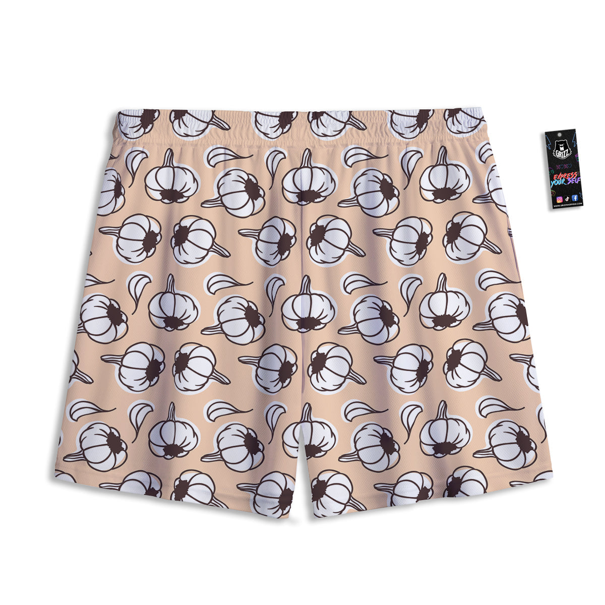 Beige Garlic Print Pattern Mesh Shorts-grizzshop