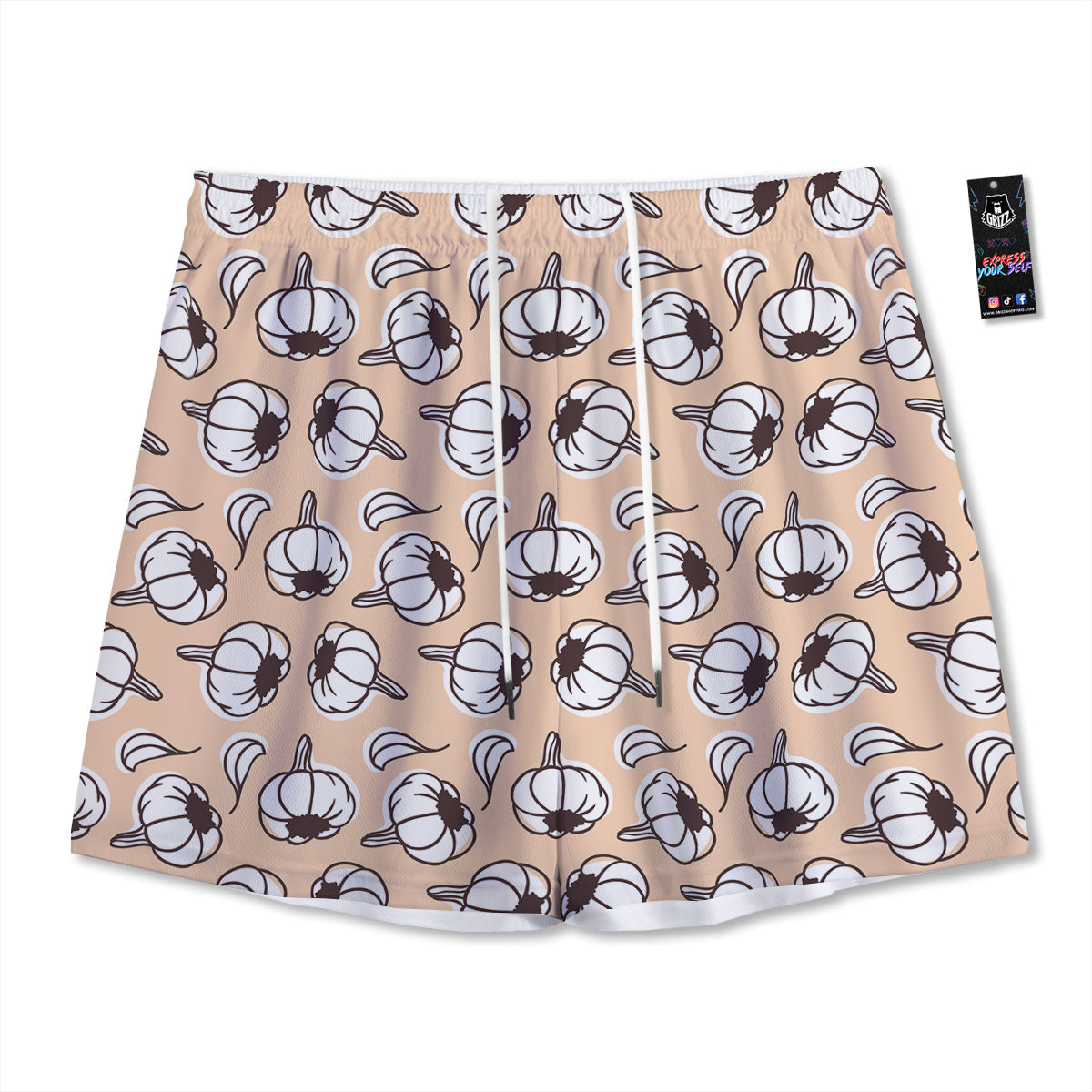Beige Garlic Print Pattern Mesh Shorts-grizzshop