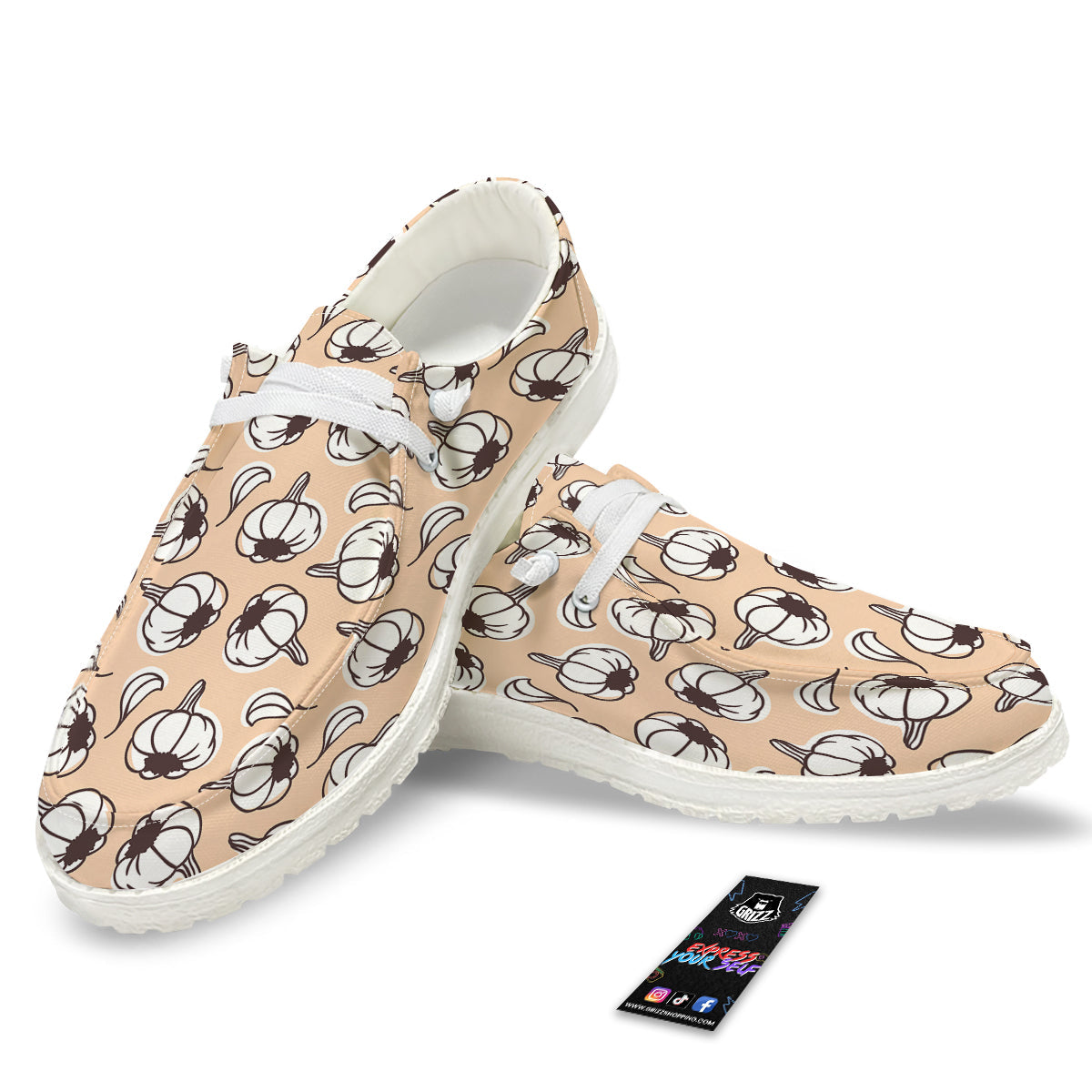 Beige Garlic Print Pattern White Loafers-grizzshop