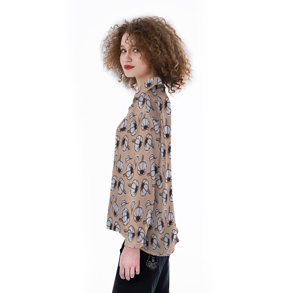 Beige Garlic Print Pattern Women's Long Sleeve Shirts-grizzshop