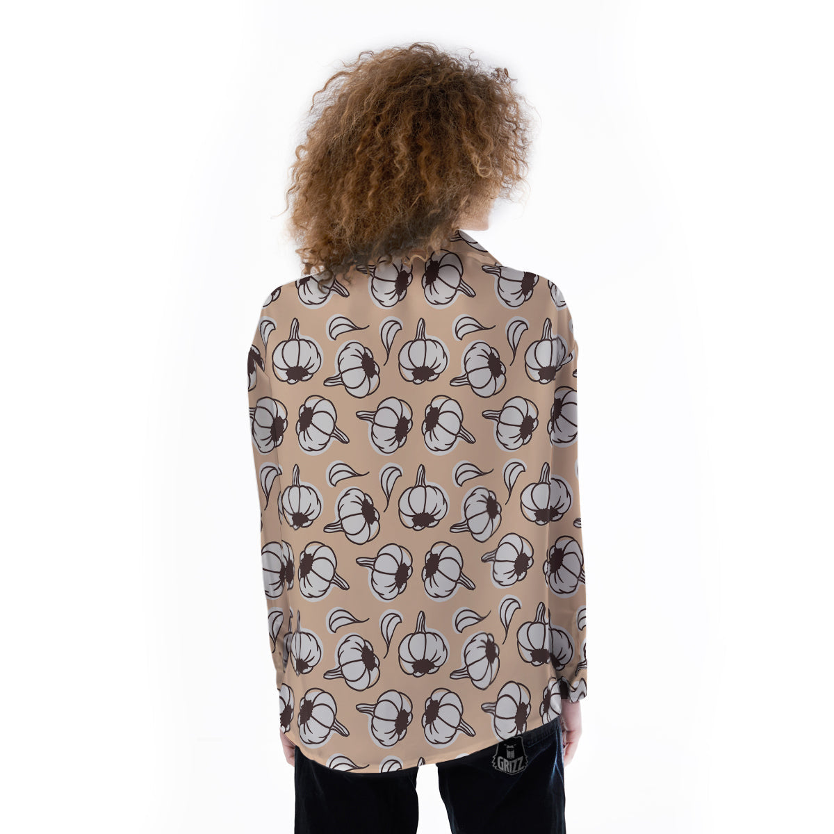 Beige Garlic Print Pattern Women's Long Sleeve Shirts-grizzshop