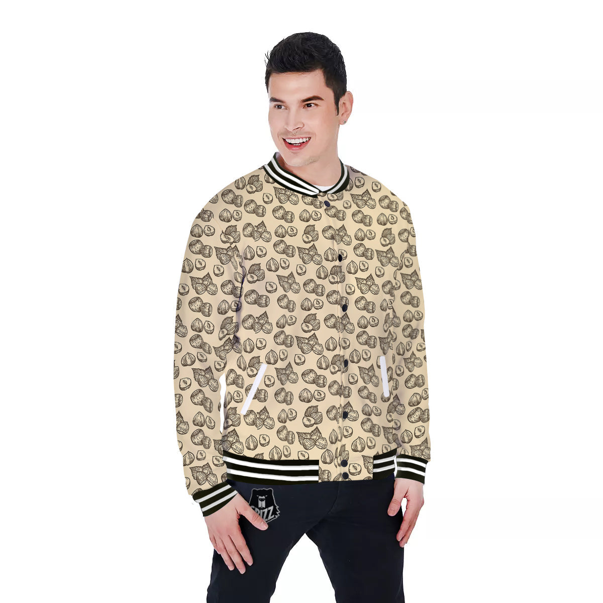 Beige Hazelnuts Print Pattern Baseball Jacket-grizzshop