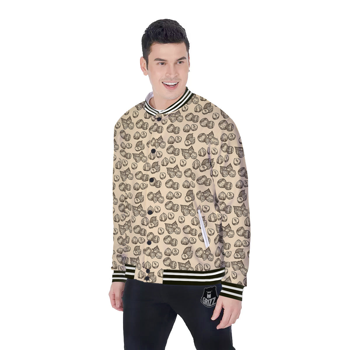 Beige Hazelnuts Print Pattern Baseball Jacket-grizzshop