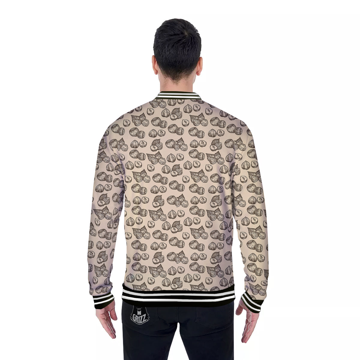 Beige Hazelnuts Print Pattern Baseball Jacket-grizzshop