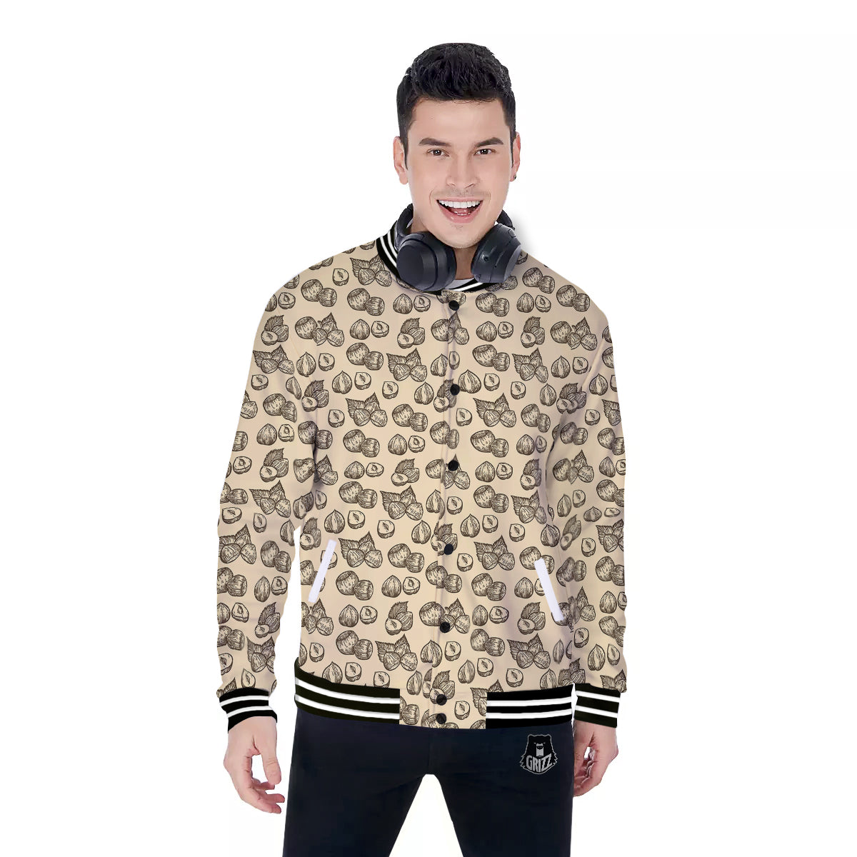 Beige Hazelnuts Print Pattern Baseball Jacket-grizzshop