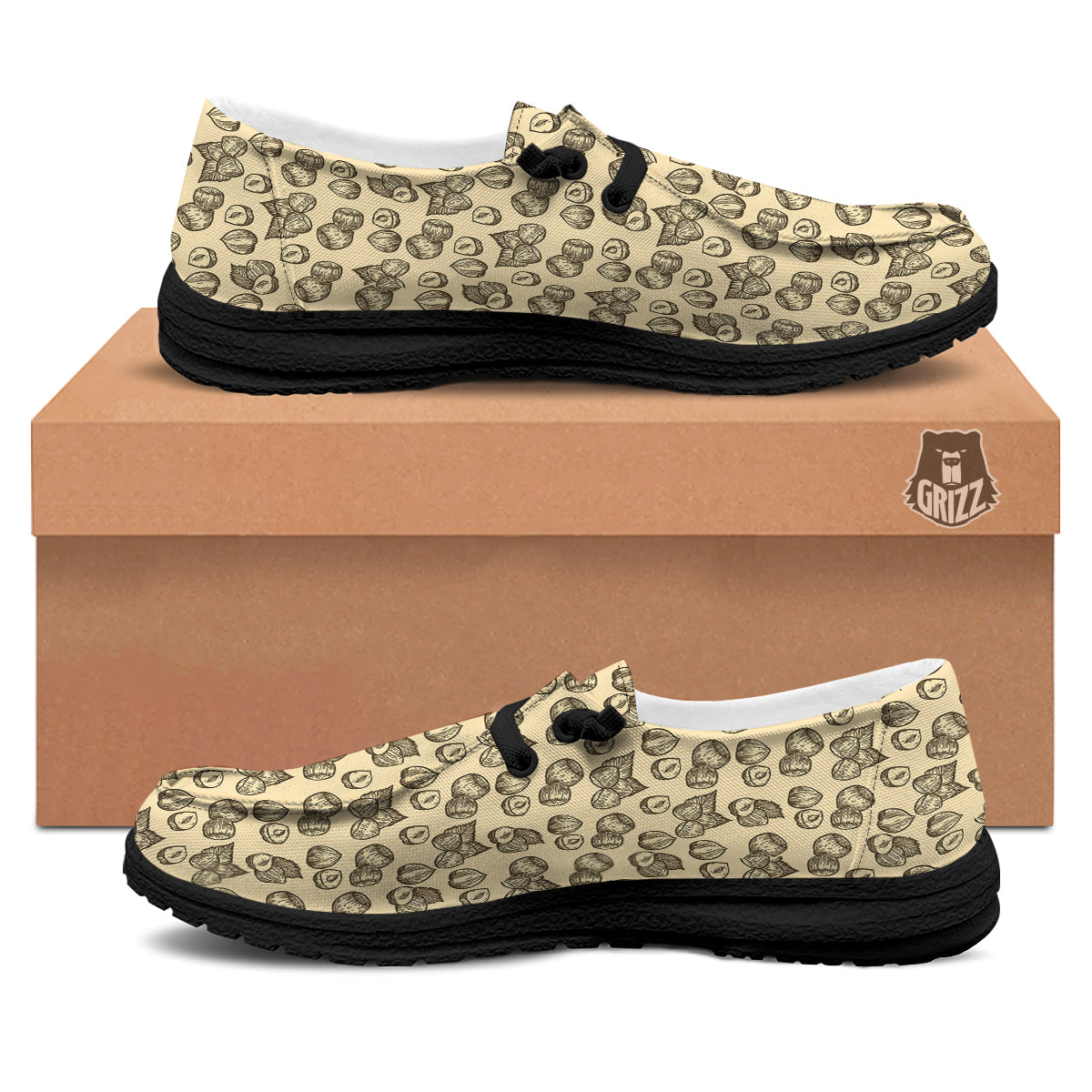 Beige Hazelnuts Print Pattern Black Loafers-grizzshop