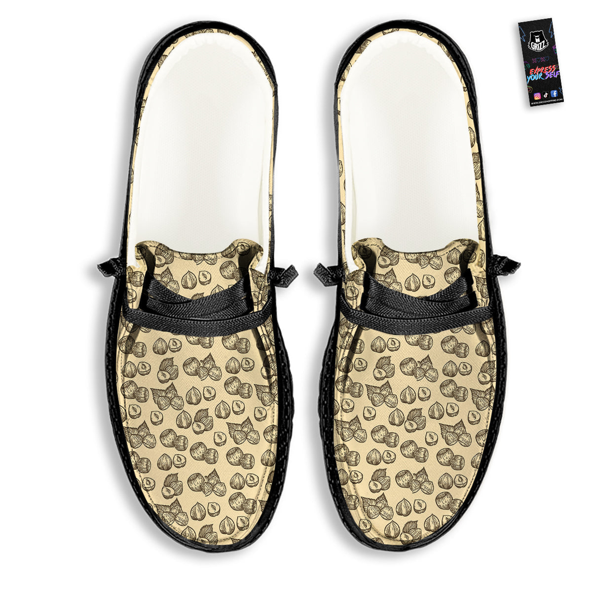 Beige Hazelnuts Print Pattern Black Loafers-grizzshop
