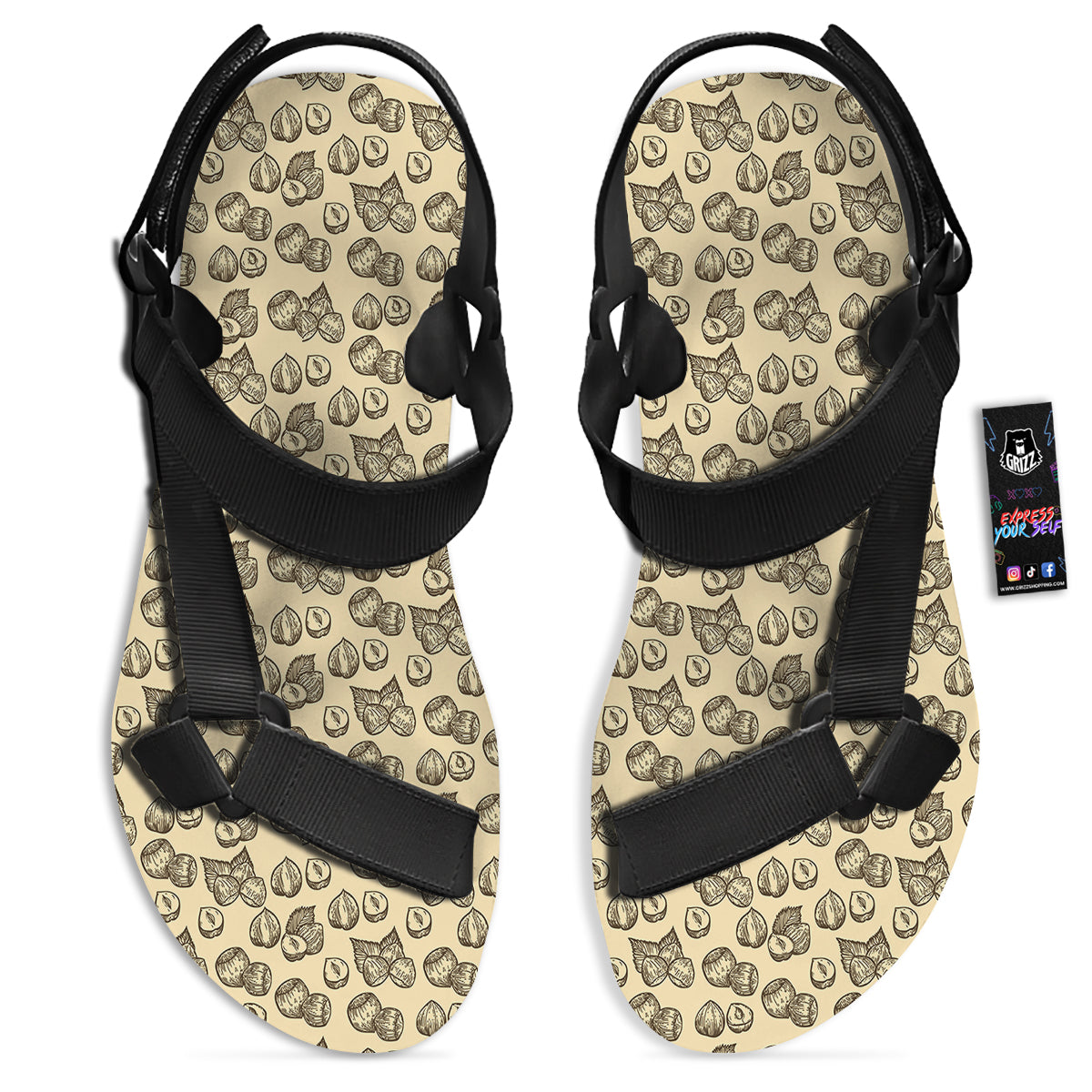 Beige Hazelnuts Print Pattern Black Open Toe Sandals-grizzshop
