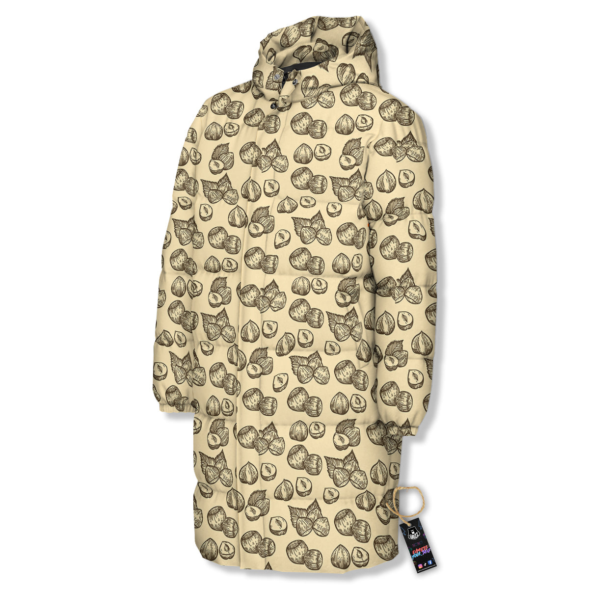 Beige Hazelnuts Print Pattern Long Down Jacket-grizzshop
