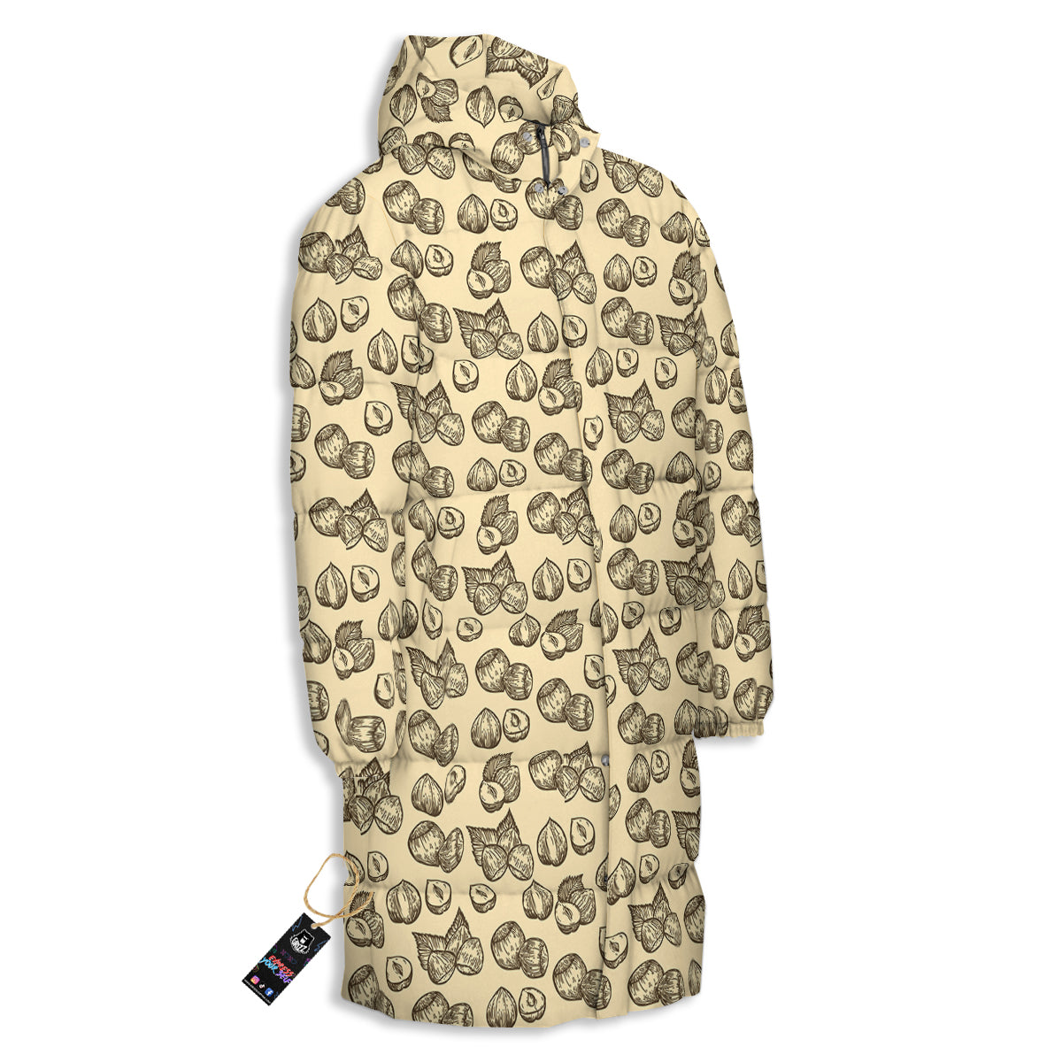 Beige Hazelnuts Print Pattern Long Down Jacket-grizzshop