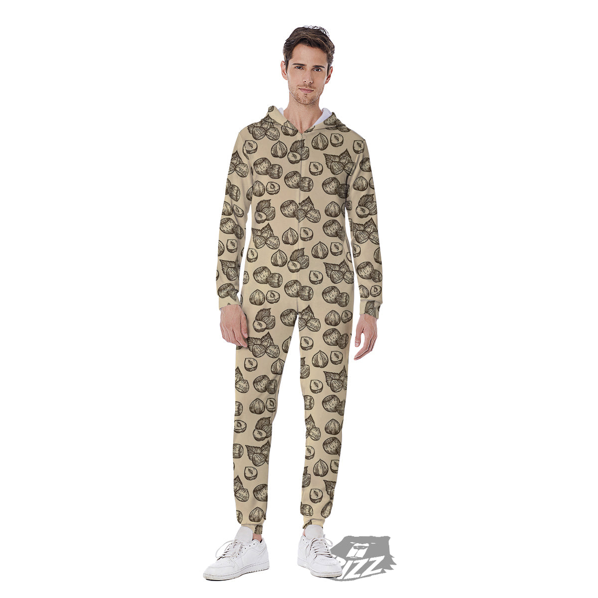 Beige Hazelnuts Print Pattern Men's Jumpsuit-grizzshop