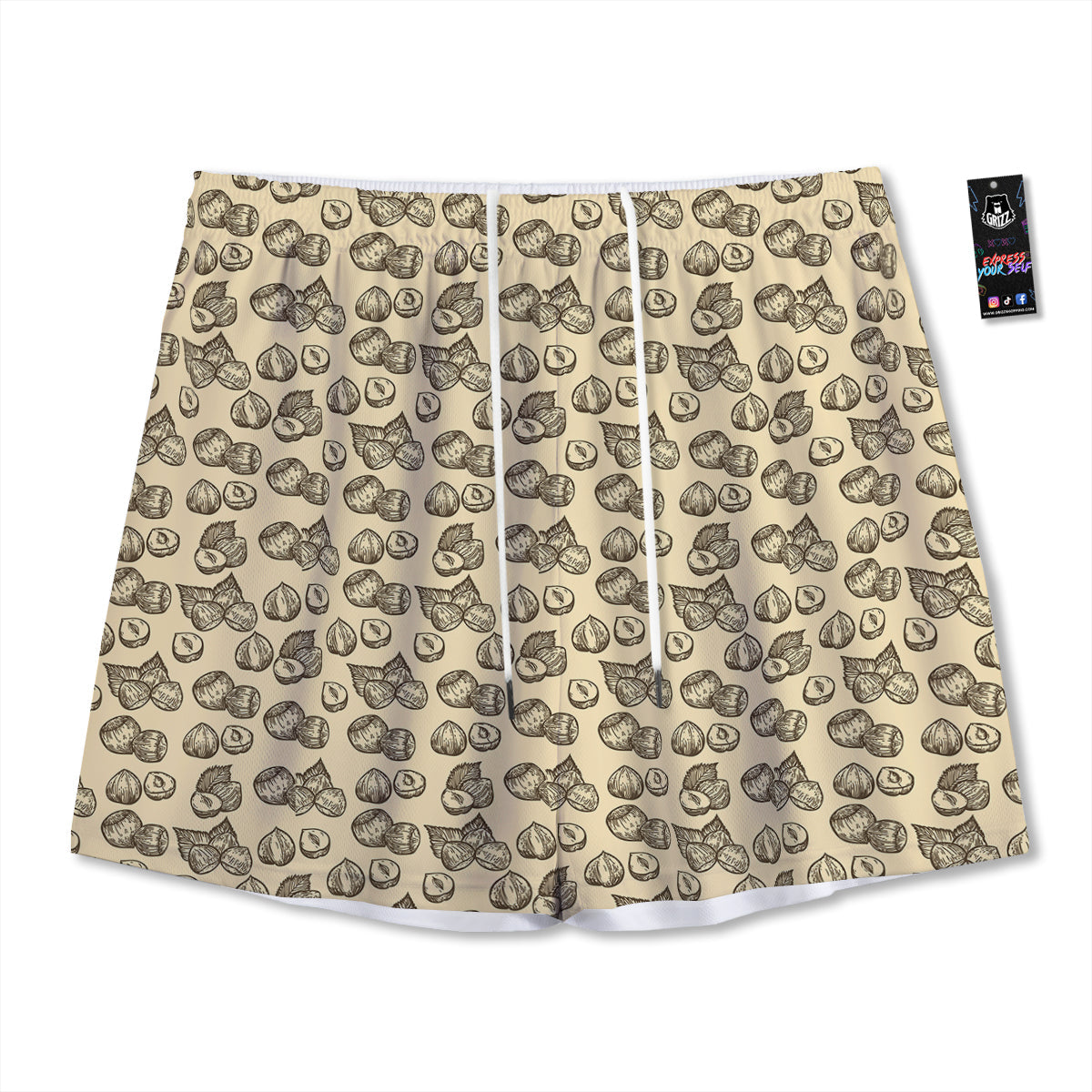 Beige Hazelnuts Print Pattern Mesh Shorts-grizzshop
