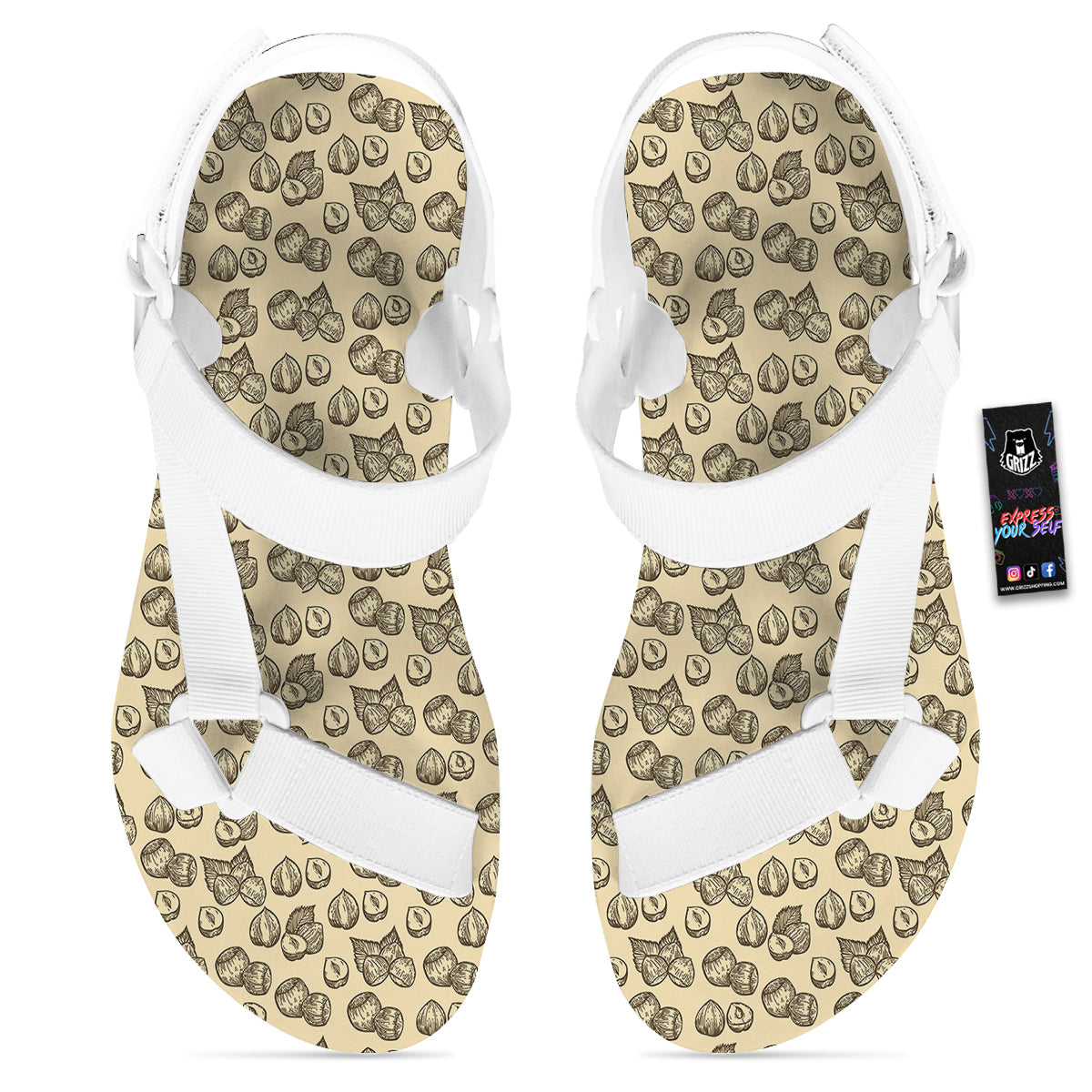 Beige Hazelnuts Print Pattern White Open Toe Sandals-grizzshop